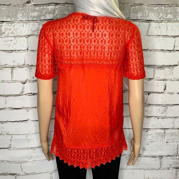 Kooples Silk Skull Lace Embroidery Zipper Short Sleeve Red Top Size XS - Picture 6 of 8